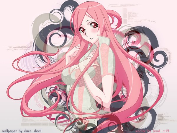 Anime picture 1600x1200 with dragonaut: the resonance gonzo toa single long hair looking at viewer blush breasts red eyes signed pink hair cleavage pink eyes wallpaper hand on chest partially open clothes girl