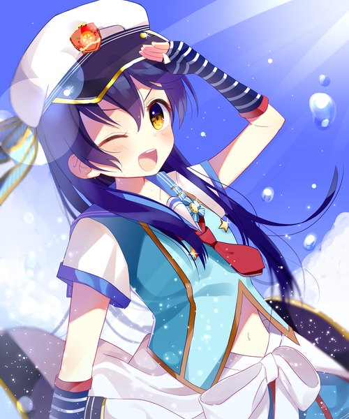 Anime picture 1575x1890 with love live! school idol project sunrise (studio) love live! sonoda umi mafuyu (chibi21) single long hair tall image looking at viewer blush fringe open mouth yellow eyes sky purple hair cloud (clouds) :d one eye closed wink sunlight