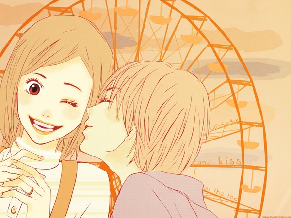 Anime picture 1600x1200 with lovely complex toei animation koizumi risa ootani atsushi nakahara aya smile brown hair brown eyes signed cloud (clouds) eyes closed one eye closed wink wallpaper couple almost kiss girl boy ring ferris wheel