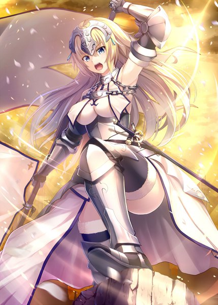 Anime picture 800x1119 with fate (series) fate/grand order fate/apocrypha jeanne d'arc (fate) (all) jeanne d'arc (fate) noe noel single long hair tall image open mouth blue eyes light erotic blonde hair looking down girl thighhighs dress gloves hair ornament weapon