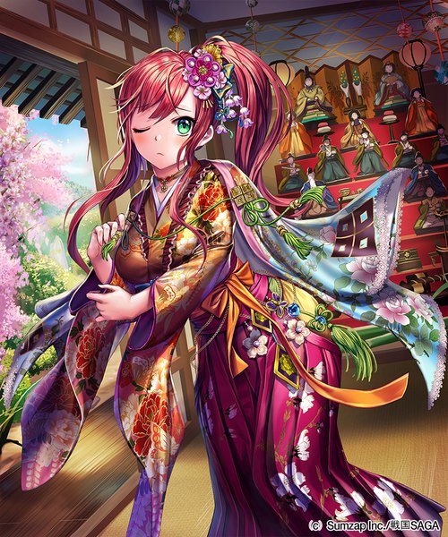 Anime picture 833x1000 with sengoku saga esphy single long hair tall image blush fringe hair between eyes standing green eyes sky red hair indoors traditional clothes japanese clothes one eye closed cherry blossoms floral print hinamatsuri (festival) girl