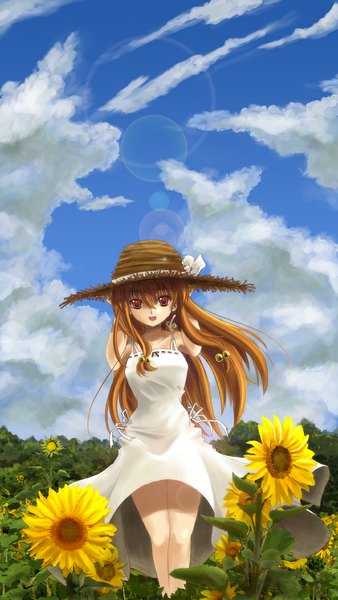Anime picture 663x1174 with original makirin single long hair tall image looking at viewer open mouth red eyes brown hair sky cloud (clouds) girl dress flower (flowers) plant (plants) hat sundress