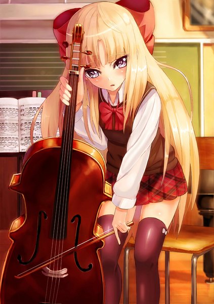 Anime picture 595x842 with original noririn single long hair tall image looking at viewer blush fringe blonde hair purple eyes parted lips leaning plaid skirt classroom girl thighhighs skirt uniform bow black thighhighs