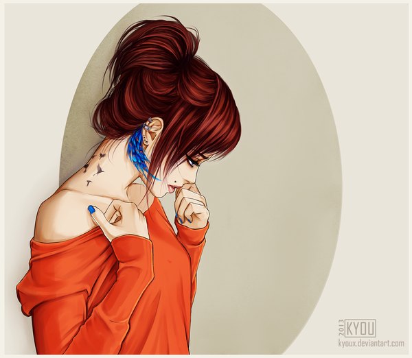 Anime picture 1033x900 with original kyoux (artist) single long hair fringe blue eyes simple background brown hair bare shoulders nail polish profile tattoo piercing looking down girl earrings animal bird (birds) sweater feather (feathers)
