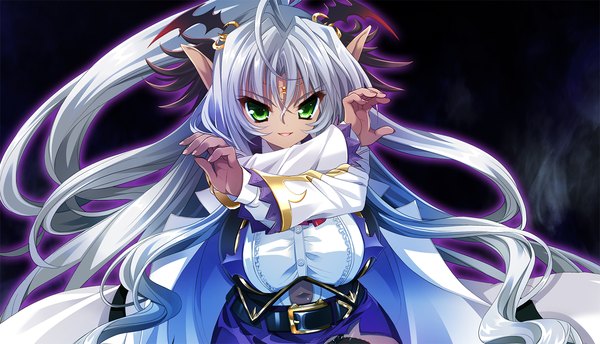 Anime picture 1428x820 with mayoeru futari to sekai no subete single long hair looking at viewer open mouth wide image green eyes game cg white hair pointy ears dark background girl hair ornament