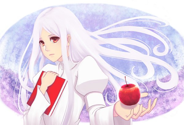 Anime picture 1050x718 with original bounin single long hair red eyes white hair girl book (books) apple