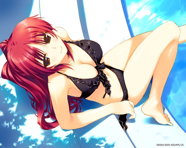 Anime picture 1280x1024 with to heart 2 leaf (studio) kousaka tamaki amazuyu tatsuki single long hair looking at viewer fringe breasts light erotic smile sitting brown eyes bent knee (knees) ponytail red hair from above official art poolside sideways