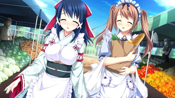 Anime picture 2560x1440 with otome ga tsumugu koi no canvas tagme (character) miyama mizuki long hair blush highres brown hair wide image twintails multiple girls blue hair game cg eyes closed traditional clothes maid otoko no ko girl boy 2 girls headdress