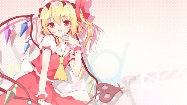 Anime picture 1920x1080 with touhou flandre scarlet 6u (eternal land) single looking at viewer blush highres short hair open mouth blonde hair red eyes wide image wallpaper girl dress skirt weapon bonnet skirt set crystal