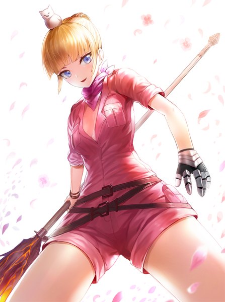Anime picture 875x1175 with original kfr single tall image looking at viewer short hair open mouth blue eyes blonde hair white background girl gloves weapon petals belt