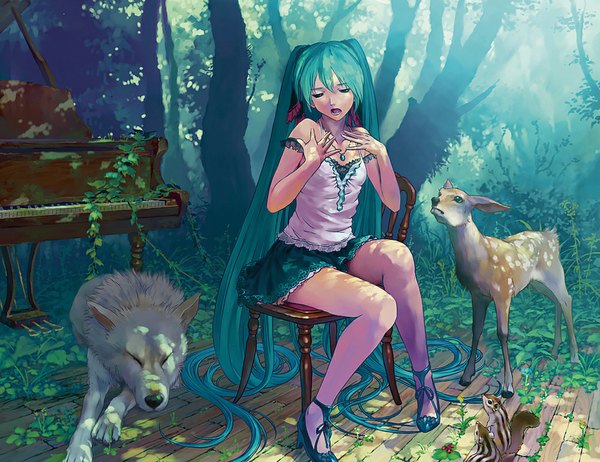 Anime picture 1000x770 with vocaloid hatsune miku karakuri (pixiv) single long hair open mouth sitting twintails bare shoulders cleavage eyes closed very long hair aqua hair legs nature singing girl skirt plant (plants) miniskirt