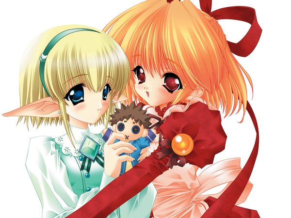 Anime picture 1600x1200 with tagme (artist) looking at viewer blush short hair open mouth blue eyes blonde hair red eyes multiple girls pointy ears orange hair girl dress ribbon (ribbons) 2 girls hair ribbon red dress blue dress doll (dolls)