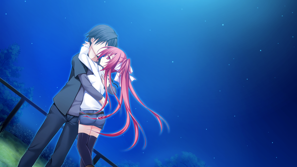 Anime picture 1280x720 with hikoukigumo no mukougawa mishio eiri long hair black hair red eyes wide image game cg ponytail red hair night couple hug girl thighhighs boy skirt bow black thighhighs hair bow