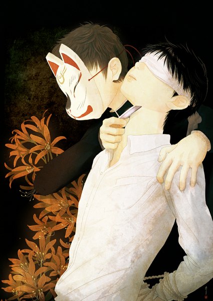 Anime picture 800x1130 with original re:i tall image short hair black hair brown hair multiple boys dark background hand on another's shoulder covering eye (eyes) bound hands boy flower (flowers) shirt 2 boys mask knife fox mask