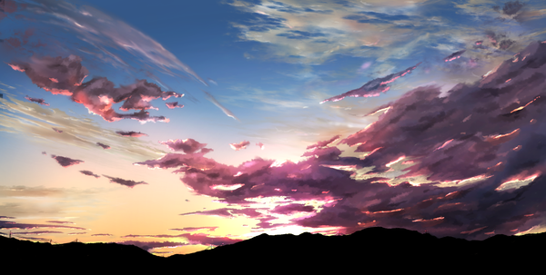 Anime picture 1920x970 with original buell22 highres wide image sky cloud (clouds) sunlight mountain no people landscape scenic sunrise sun power lines