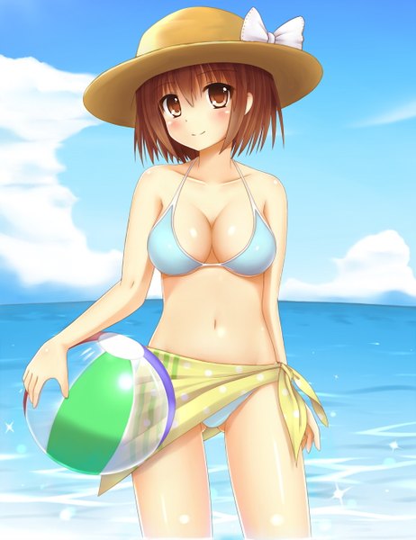 Anime picture 1024x1331 with original yuu (yu0221f) single tall image blush short hair brown hair brown eyes girl navel swimsuit hat bikini beachball