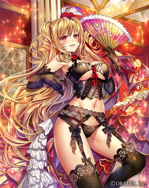 Anime picture 850x1072 with chloris garden madogawa single long hair tall image looking at viewer blush breasts open mouth light erotic blonde hair red eyes drill hair girl thighhighs gloves navel underwear panties black thighhighs