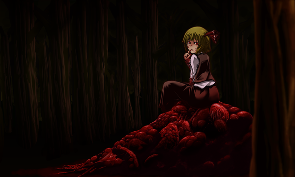 Anime picture 1476x886 with touhou rumia single short hair red eyes wide image green hair girl bow tree (trees) blood forest