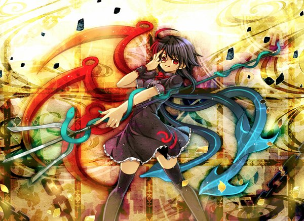 Anime picture 1188x866 with touhou houjuu nue capura lin single short hair black hair red eyes girl thighhighs weapon black thighhighs animal wings snake directional arrow