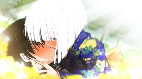 Anime picture 1280x720 with nemureru hana wa haru o matsu (game) short hair black hair wide image game cg white hair eyes closed japanese clothes loli couple kiss french kiss girl boy kimono