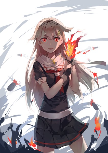 Anime picture 1671x2362 with kantai collection yuudachi destroyer huanxiang heitu single long hair tall image looking at viewer blonde hair red eyes remodel (kantai collection) girl skirt hair ornament miniskirt fire sailor suit hairpin (hairpins) missile