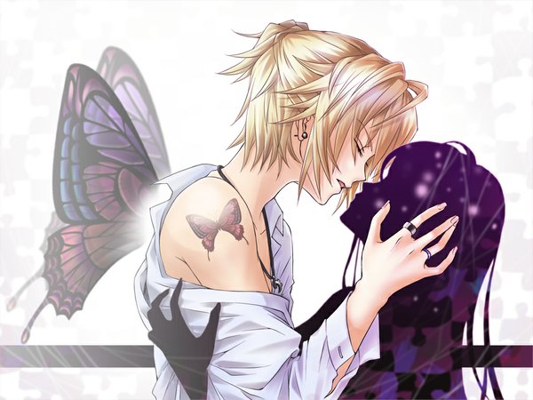 Anime picture 1024x768 with vocaloid migikata no chou (vocaloid) hatsune miku kagamine len shirano (artist) blonde hair bare shoulders ponytail eyes closed open clothes shadow tattoo open shirt bat wings insect wings almost kiss butterfly wings girl boy earrings