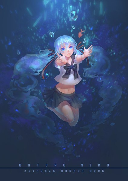 Anime picture 1500x2121 with vocaloid hatsune miku bottle miku criin single tall image blue eyes twintails very long hair barefoot aqua hair inscription bare belly bare legs looking up underwater liquid hair girl skirt navel