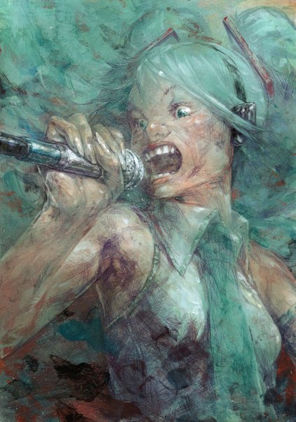Anime picture 2126x3020 with vocaloid hatsune miku tsuyoshi tall image highres open mouth twintails aqua eyes aqua hair sleeveless parody singing screaming humor girl necktie headphones microphone