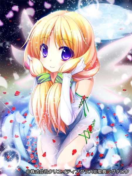 Anime picture 600x800 with seiten ragnarok pochadon single long hair tall image looking at viewer blonde hair smile purple eyes girl dress gloves petals wings elbow gloves white gloves