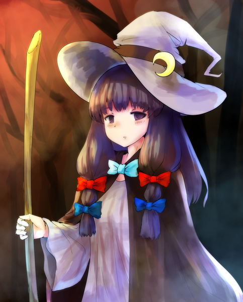 Anime picture 1378x1711 with touhou patchouli knowledge kushidama minaka single long hair tall image looking at viewer blush purple eyes purple hair witch girl dress bow hair bow hat witch hat broom