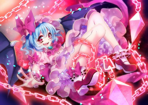 Anime picture 1280x905 with touhou remilia scarlet kyouda suzuka single looking at viewer short hair open mouth smile red eyes blue hair spread arms girl dress wings chain bonnet
