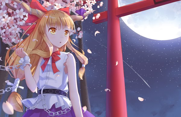 Anime picture 1668x1082 with touhou ibuki suika ji dao ji single long hair fringe blonde hair yellow eyes looking away outdoors arm up horn (horns) night night sky sleeveless torn clothes cherry blossoms low ponytail backlighting shooting star