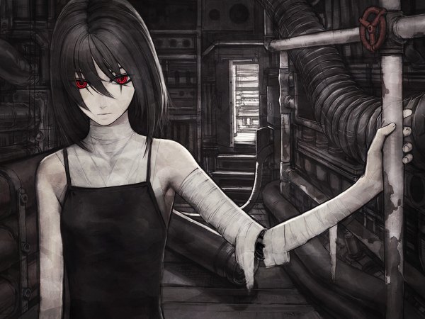 Anime picture 1200x900 with original iwai ryo single looking at viewer black hair red eyes monochrome flat chest mechanical girl bandage (bandages) android cyborg factory
