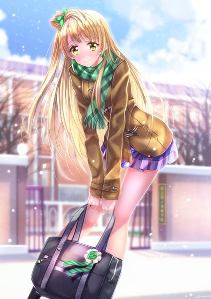 Anime picture 1187x1680 with love live! school idol project sunrise (studio) love live! minami kotori swordsouls single long hair tall image looking at viewer blush blonde hair smile yellow eyes sky cloud (clouds) leaning leaning forward one side up snowing winter