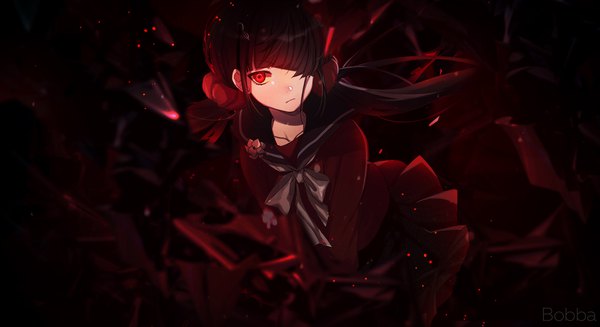 Anime picture 1980x1080 with dangan ronpa new danganronpa v3 harukawa maki ekita xuan bobba single long hair looking at viewer fringe highres black hair red eyes wide image twintails hair over one eye leaning wallpaper leaning forward floating hair low twintails
