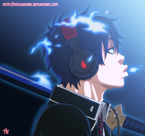 Anime picture 1496x1400 with ao no exorcist a-1 pictures okumura rin hyugasosby short hair blue eyes black hair looking away profile inscription coloring glowing boy weapon sword necktie headphones katana suit