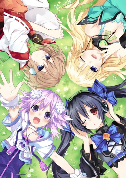 Anime picture 1770x2500 with kami jigen game neptune v noire neptune (choujigen game neptune) vert blanc long hair tall image looking at viewer highres short hair open mouth twintails multiple girls japanese clothes one eye closed wink midriff girl dress hair ornament