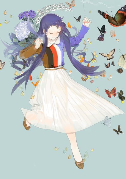 Anime picture 1000x1415 with original kaninnvven single long hair tall image blush simple background blue hair eyes closed girl skirt flower (flowers) belt insect butterfly