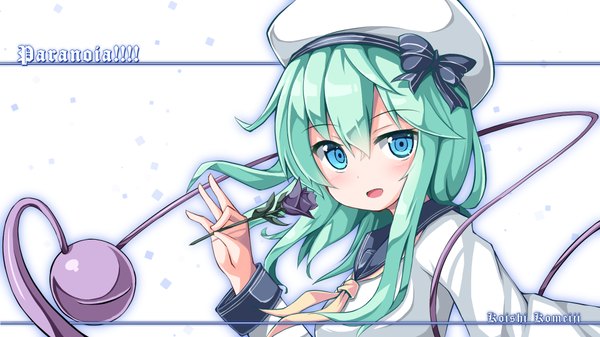 Anime picture 1920x1080 with touhou komeiji koishi ominaeshi (takenoko) single long hair looking at viewer blush highres open mouth blue eyes simple background wide image white background holding game cg long sleeves parted lips green hair wallpaper shiny