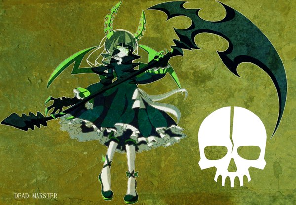Anime picture 6206x4323 with black rock shooter dead master single long hair looking at viewer blush highres black hair simple background green eyes absurdres horn (horns) inscription sad girl dress wings glasses skull scythe
