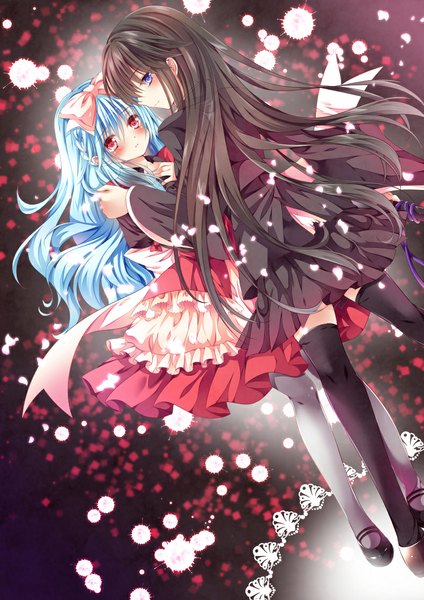 Anime picture 800x1131 with original nogi takayoshi long hair tall image blush blue eyes black hair red eyes multiple girls blue hair girl thighhighs dress bow black thighhighs 2 girls hair bow petals