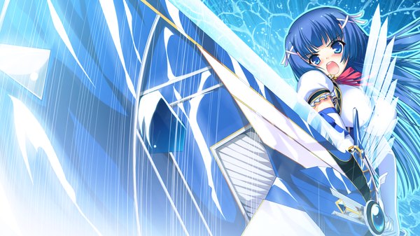 Anime picture 1280x720 with colorful cure sakuramiya aoi moric (artist) long hair blush open mouth blue eyes wide image blue hair game cg girl dress weapon sword