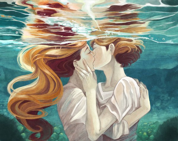Anime picture 1300x1026 with original muse33 long hair short hair brown hair multiple girls eyes closed hug shoujo ai underwater kiss girl 2 girls water bubble (bubbles)