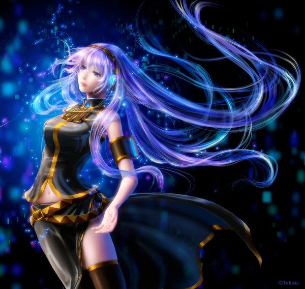 Anime picture 1100x1042 with vocaloid megurine luka takashi mare long hair blue eyes silver hair very long hair black background girl thighhighs hairband collar