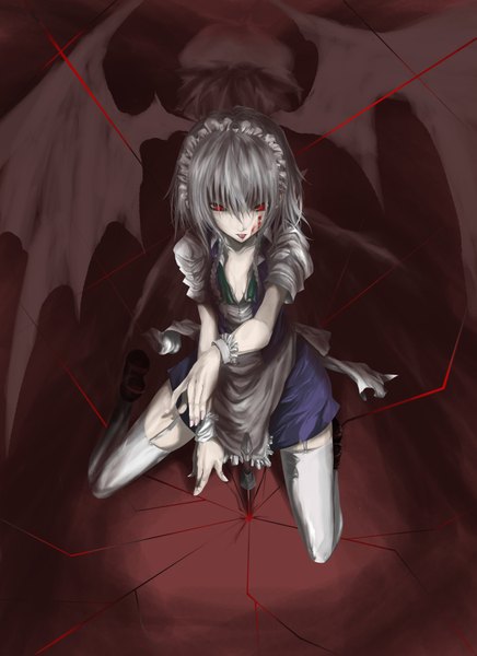 Anime picture 2552x3508 with touhou remilia scarlet izayoi sakuya simon (n.s craft) tall image highres short hair breasts red eyes multiple girls silver hair braid (braids) maid twin braids back bat wings girl thighhighs weapon 2 girls
