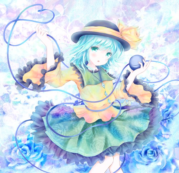 Anime picture 1500x1450 with touhou komeiji koishi shino (shinderera) single looking at viewer blush short hair open mouth blue eyes blue hair girl dress flower (flowers) hat petals rose (roses) blue rose eyeball