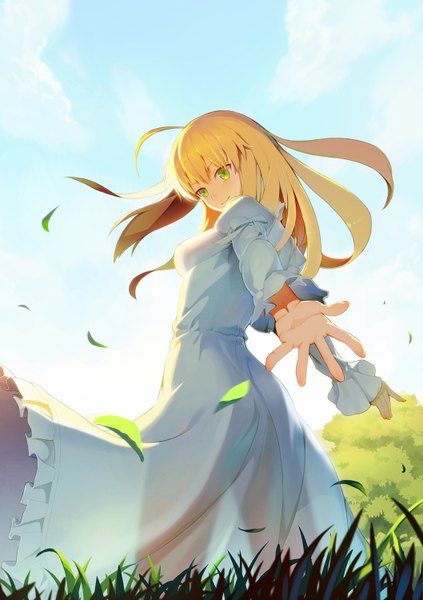 Anime picture 1058x1500 with fate (series) fate/stay night type-moon artoria pendragon (all) saber vmax-ver (a3eilm2s2y) single long hair tall image looking at viewer blush fringe blonde hair smile standing green eyes sky cloud (clouds) ahoge looking back