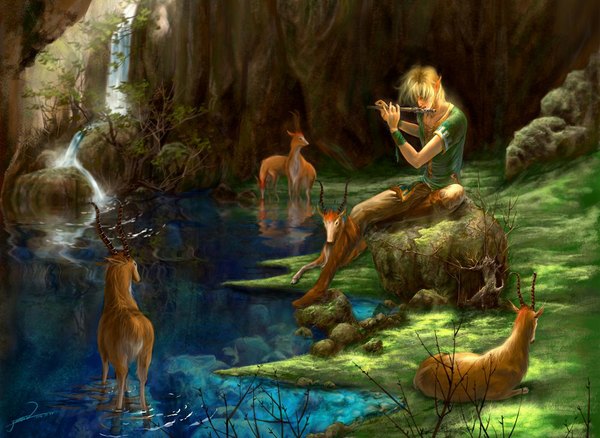 Anime picture 1000x730 with the legend of zelda link yemo0322 short hair blonde hair horn (horns) pointy ears elf river hair over eyes boy animal deer