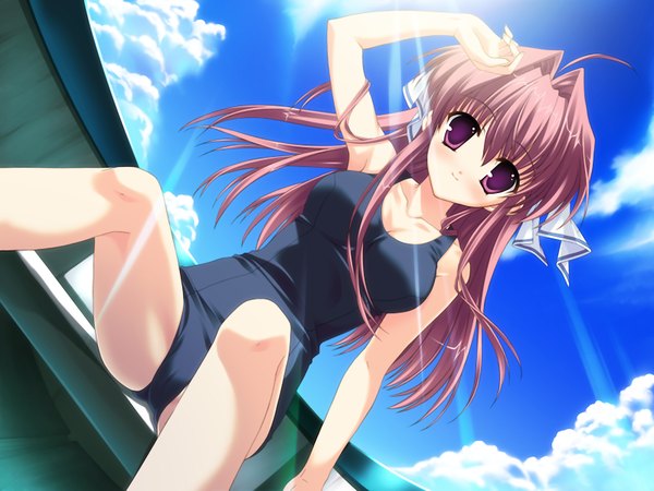 Anime picture 1200x900 with clear tsukimura miki single long hair looking at viewer light erotic sitting purple eyes pink hair game cg sky cloud (clouds) arm up girl swimsuit one-piece swimsuit school swimsuit