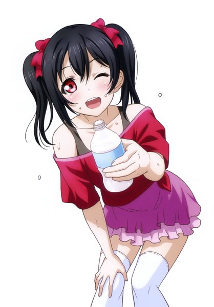 Anime picture 2133x3062 with love live! school idol project sunrise (studio) love live! yazawa nico inou shin single long hair tall image looking at viewer blush highres open mouth black hair simple background red eyes white background twintails one eye closed wink scan